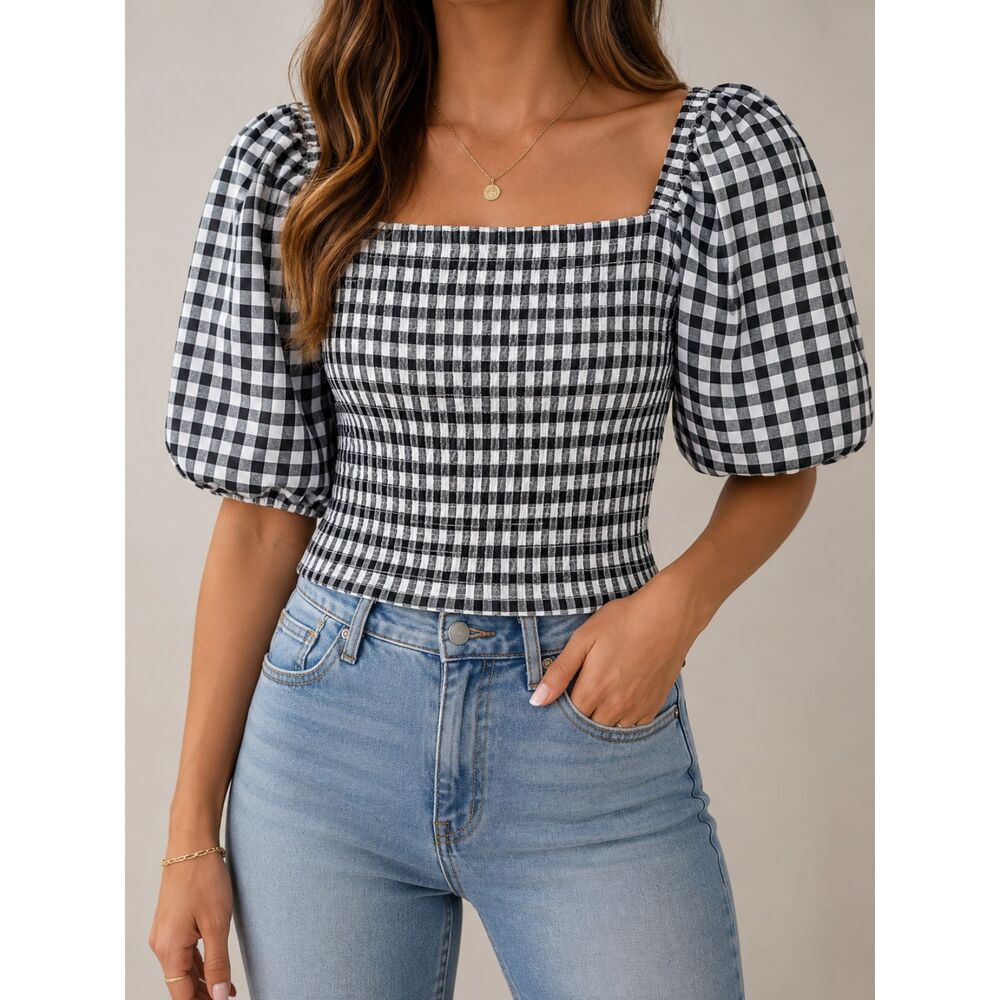 BB Dakota Steve Madden Gingham Smocked Bodice Puff Sleeve Crop Top Size L